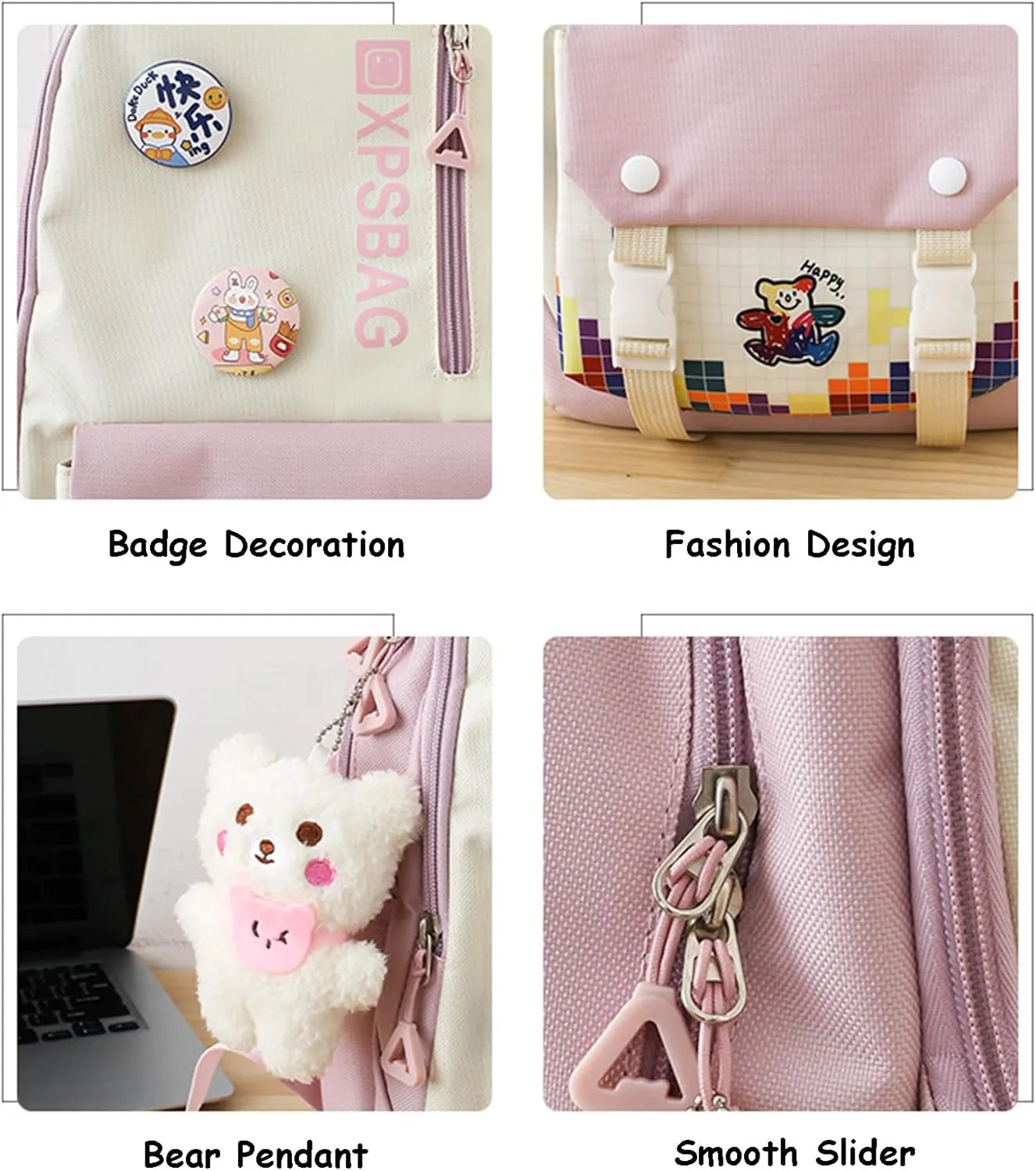 Kawaii 4PCS Backpack Set for Girls with Cute Bear Accessories - School Bookbag, Shoulder Bag, Handbag, Pen Pouch & More Student Back to School Supplies (24A02, Black)