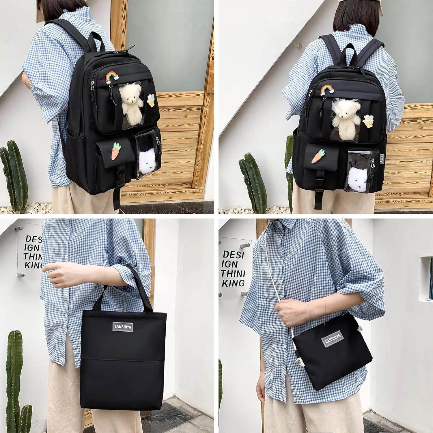 Kawaii 5PCS Backpack Set for Girls with Cute Bear Accessories - School Bookbag, Shoulder Bag, Handbag, Pen Pouch & More - Perfect for Student Back to School Supplies, Black