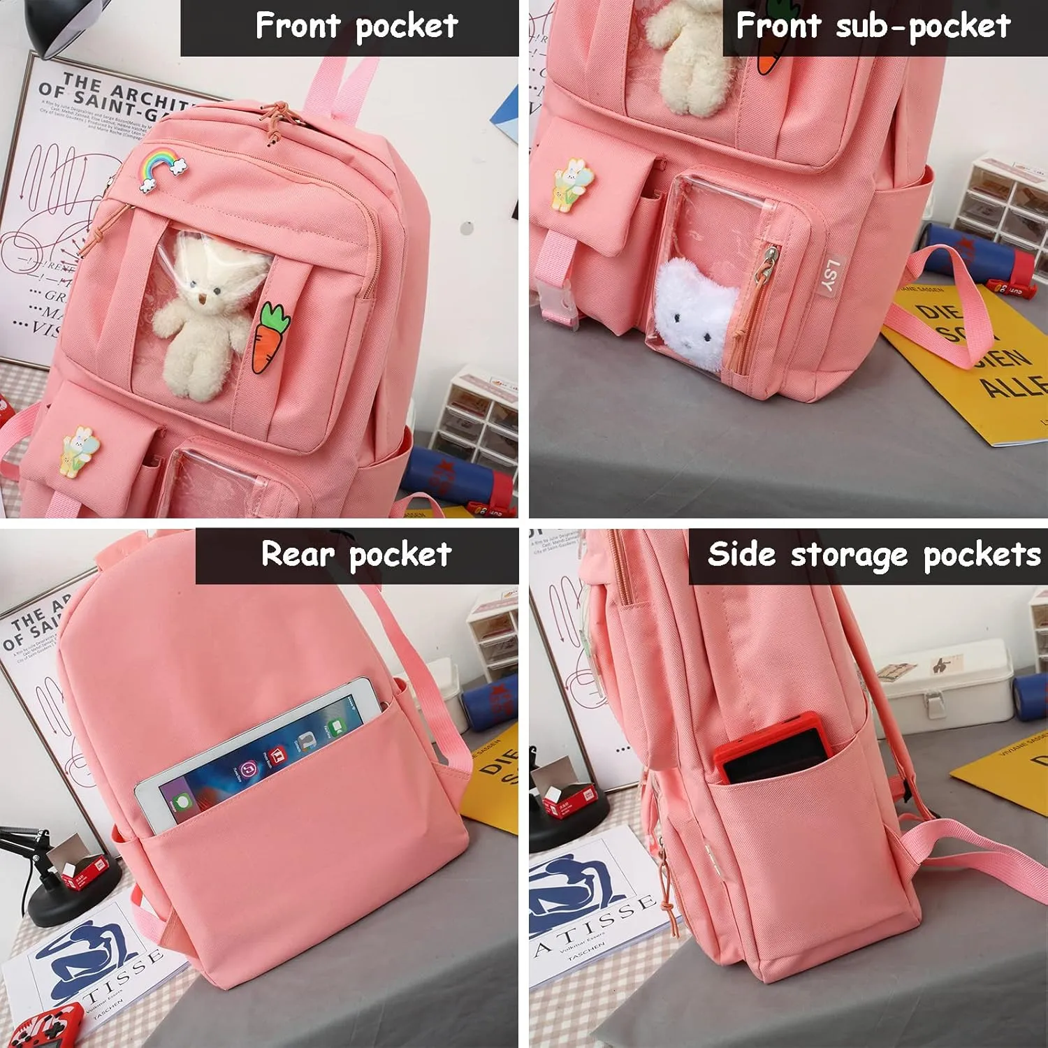 Kawaii 5PCS Backpack Set for Girls with Cute Bear Accessories - School Bookbag, Shoulder Bag, Handbag, Pen Pouch & More - Perfect for Student Back to School Supplies, Black