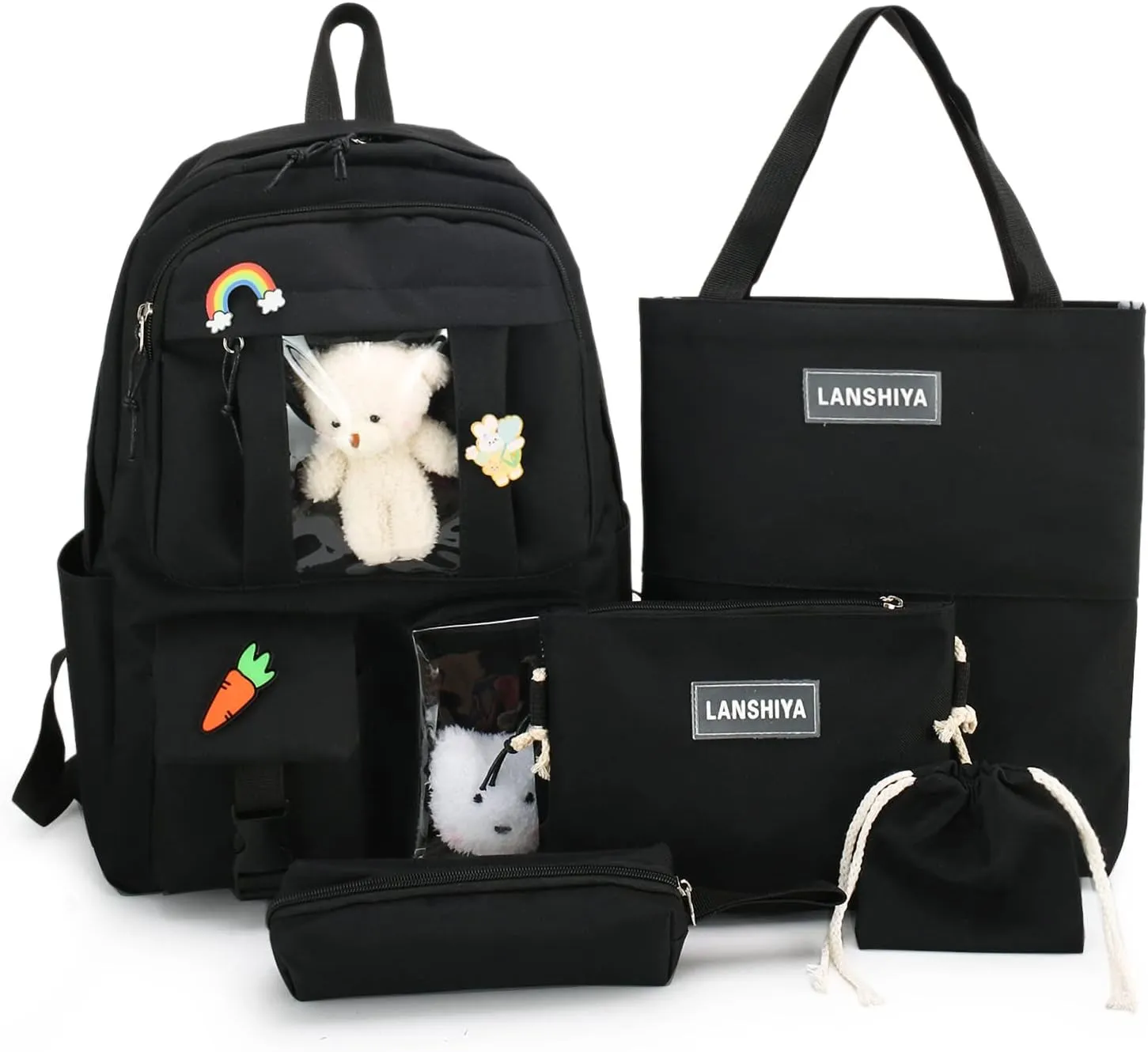 Kawaii 5PCS Backpack Set for Girls with Cute Bear Accessories - School Bookbag, Shoulder Bag, Handbag, Pen Pouch & More - Perfect for Student Back to School Supplies, Black