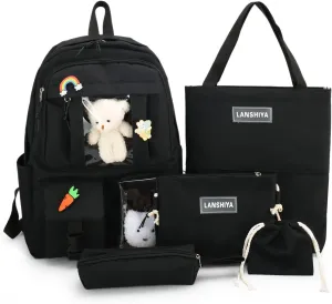Kawaii 5PCS Backpack Set for Girls with Cute Bear Accessories - School Bookbag, Shoulder Bag, Handbag, Pen Pouch & More - Perfect for Student Back to School Supplies, Black