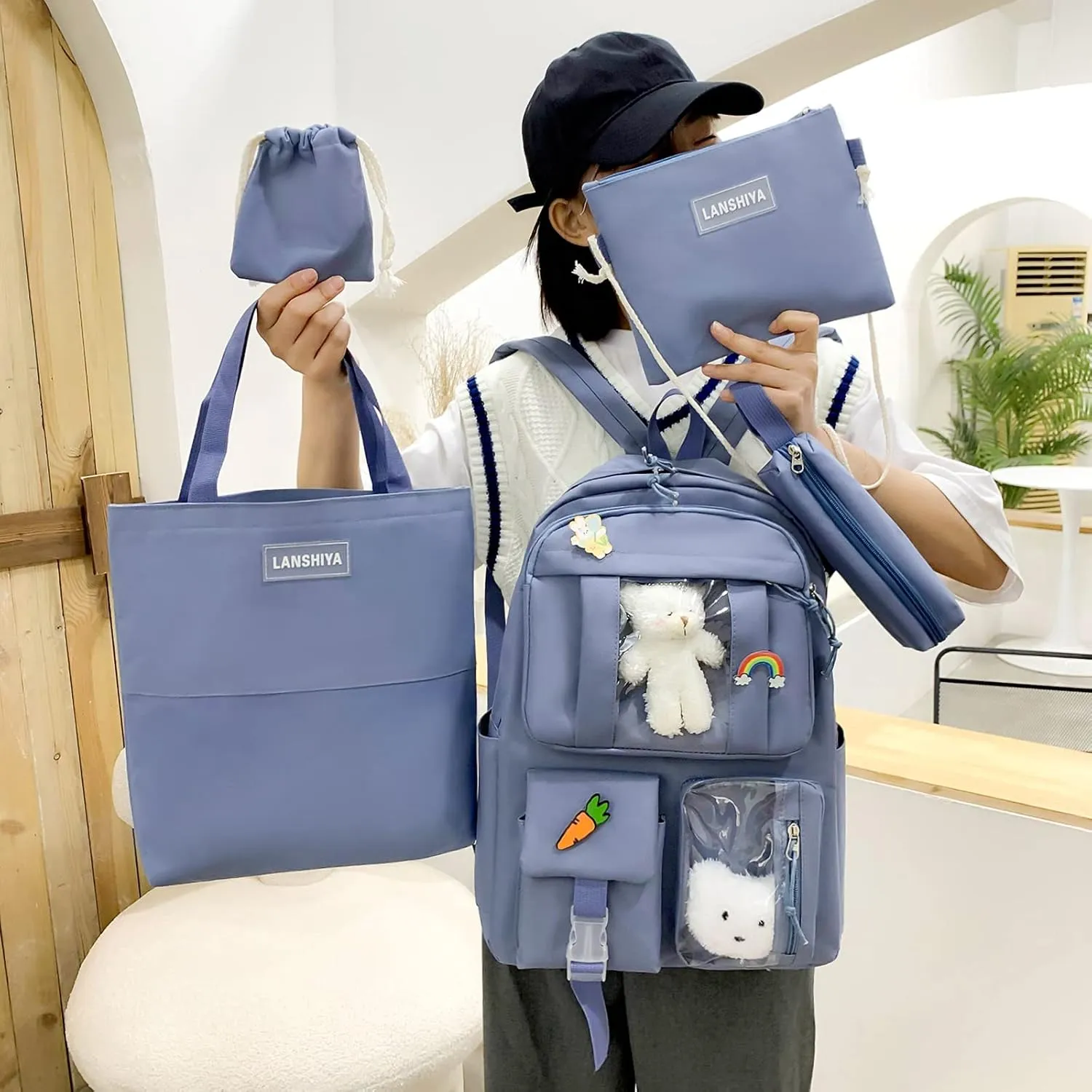 Kawaii 5PCS Backpack Set for Girls with Cute Bear Accessories - School Bookbag, Shoulder Bag, Handbag, Pen Pouch & More - Perfect for Student Back to School Supplies, Blue