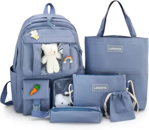 Kawaii 5PCS Backpack Set for Girls with Cute Bear Accessories - School Bookbag, Shoulder Bag, Handbag, Pen Pouch & More - Perfect for Student Back to School Supplies, Blue