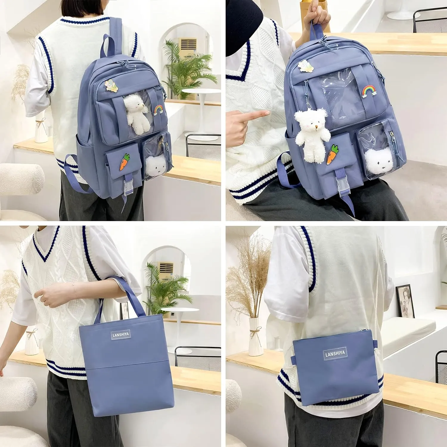 Kawaii 5PCS Backpack Set for Girls with Cute Bear Accessories - School Bookbag, Shoulder Bag, Handbag, Pen Pouch & More - Perfect for Student Back to School Supplies, Blue
