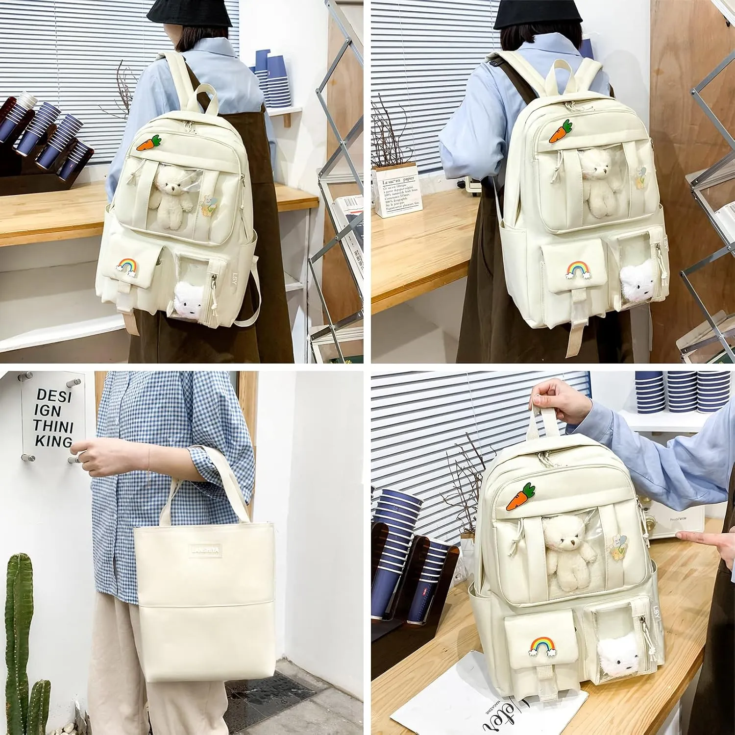 Kawaii 5PCS Backpack Set for Girls with Cute Bear Accessories - School Bookbag, Shoulder Bag, Handbag, Pen Pouch & More - Perfect for Student Back to School Supplies, Off-White