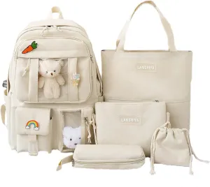 Kawaii 5PCS Backpack Set for Girls with Cute Bear Accessories - School Bookbag, Shoulder Bag, Handbag, Pen Pouch & More - Perfect for Student Back to School Supplies, Off-White