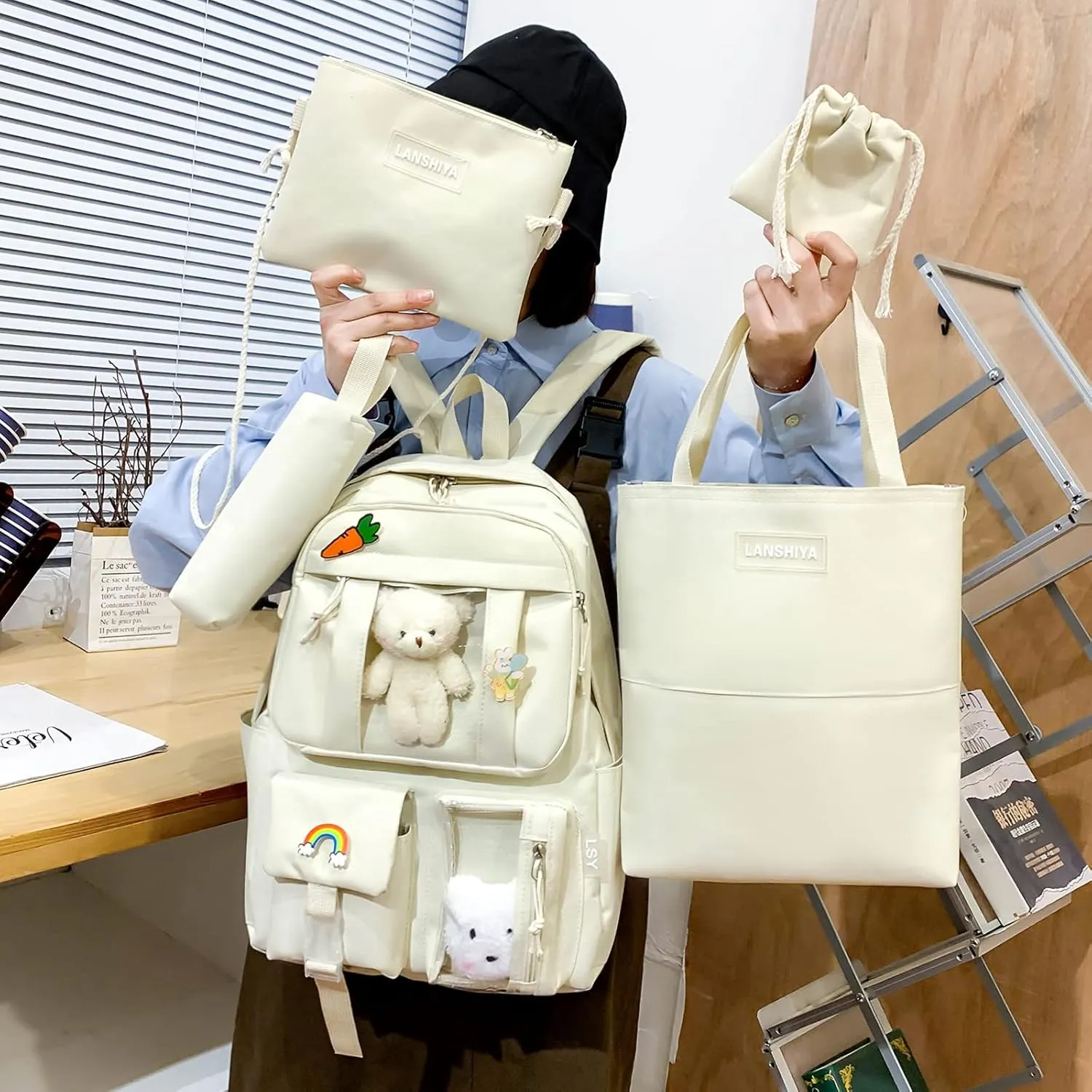 Kawaii 5PCS Backpack Set for Girls with Cute Bear Accessories - School Bookbag, Shoulder Bag, Handbag, Pen Pouch & More - Perfect for Student Back to School Supplies, Off-White