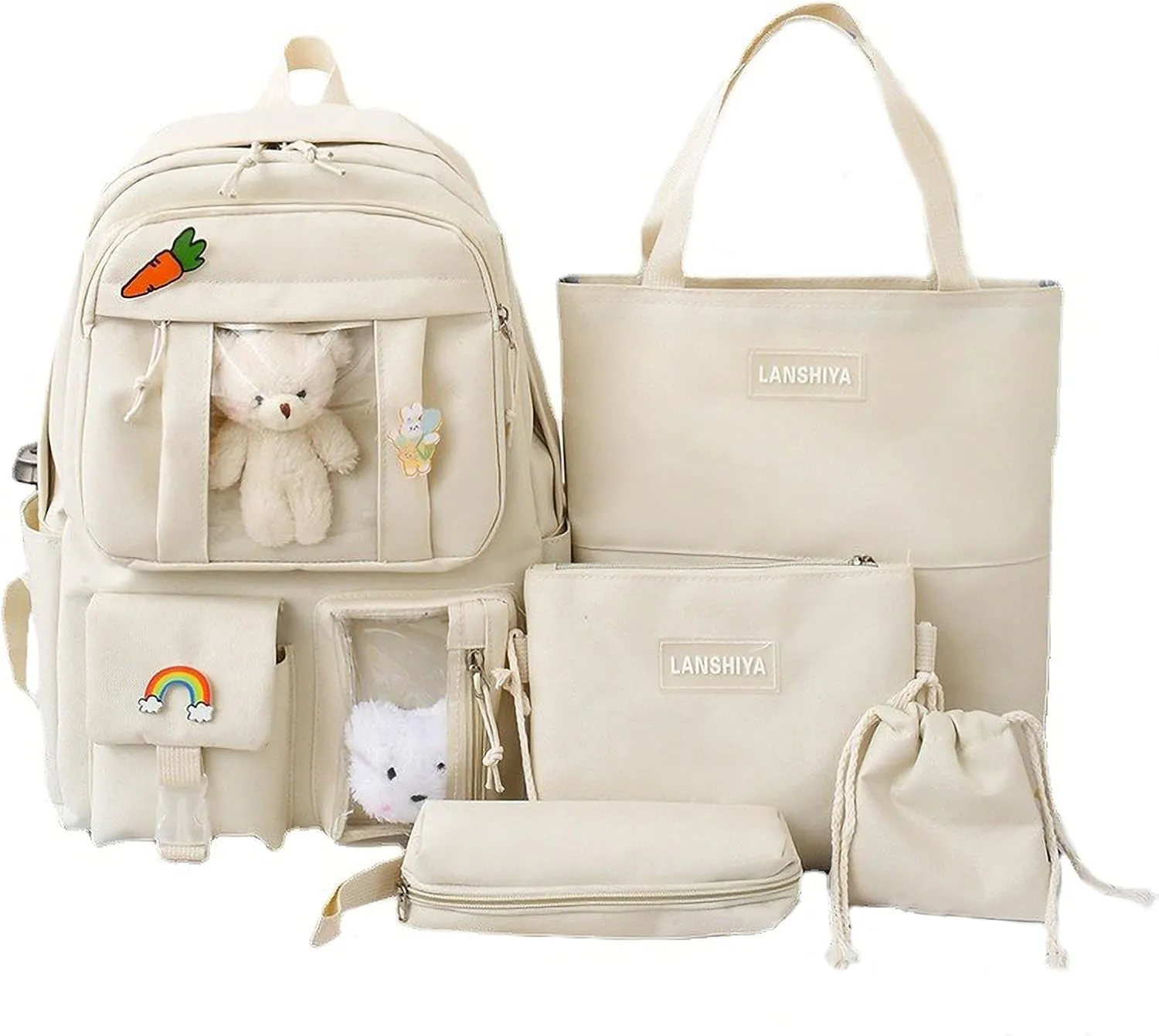 Kawaii 5PCS Backpack Set for Girls with Cute Bear Accessories - School Bookbag, Shoulder Bag, Handbag, Pen Pouch & More - Perfect for Student Back to School Supplies, Off-White