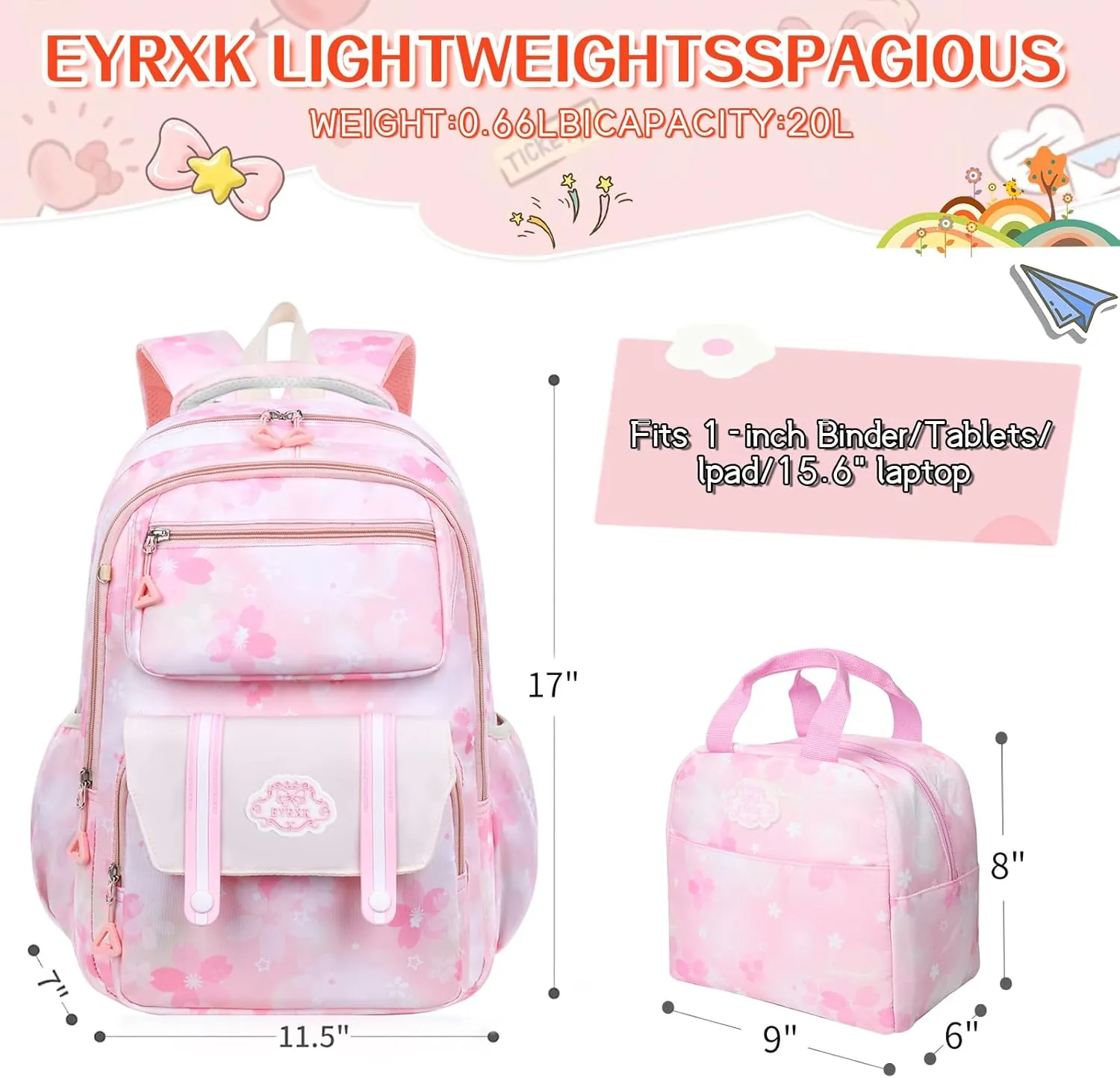 Kawaii Backpack Starry Rainbow Bookbag Cute Large Capacity Kids Backpack Multifunction Fashion Casual Laptop Travel Bag For Boy Girl (Purple-17inch)