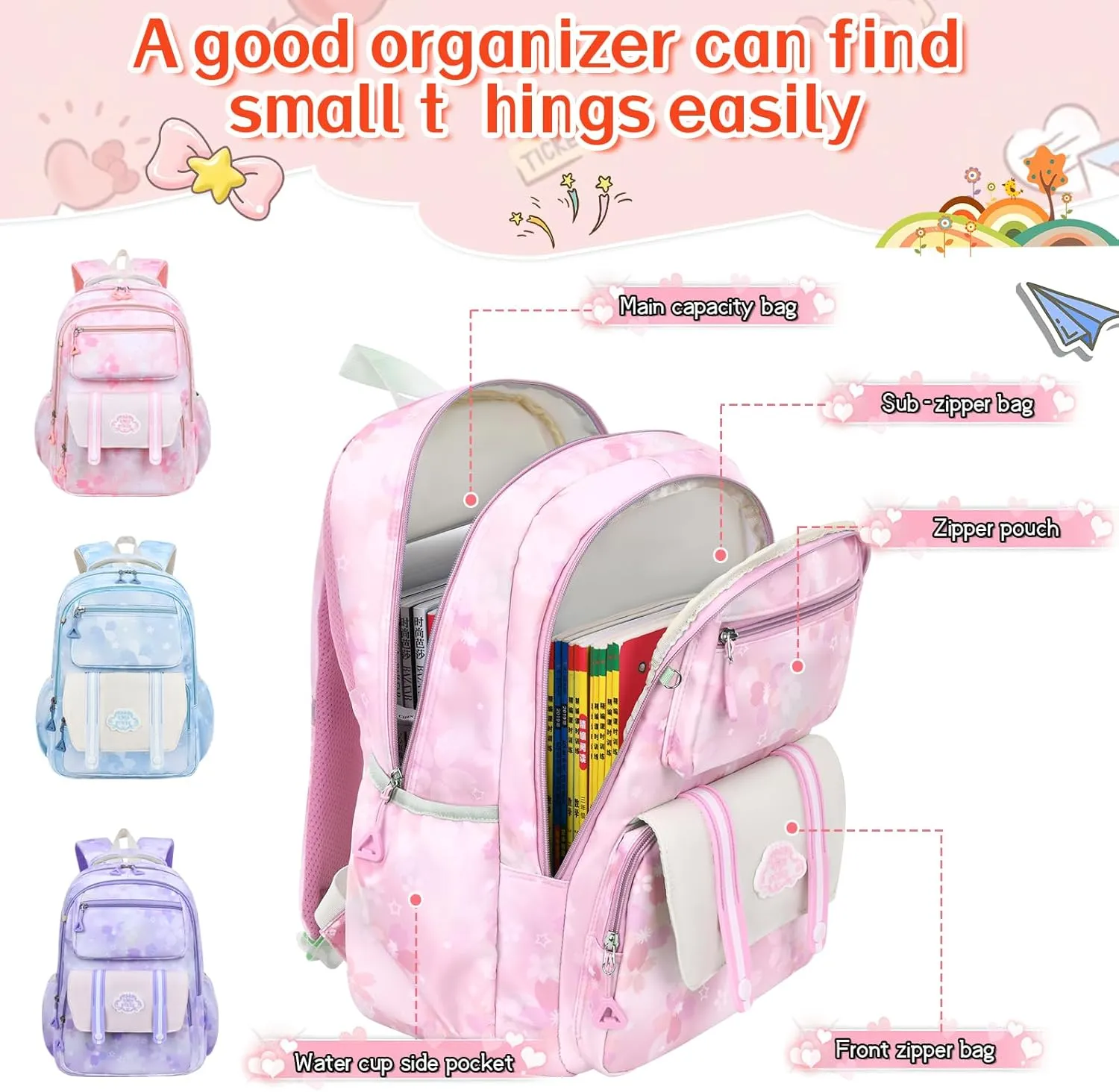 Kawaii Backpack Starry Rainbow Bookbag Cute Large Capacity Kids Backpack Multifunction Fashion Casual Laptop Travel Bag For Boy Girl (Purple-17inch)