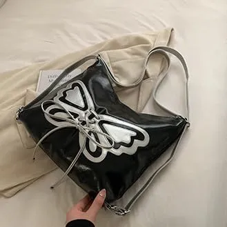 Kawaii Y2K Shoulder Bag, Women Cute Chic Design Butterfly Harajuku Crossbody Shoulder Bag Tote Bag Top Handle Bags (black)