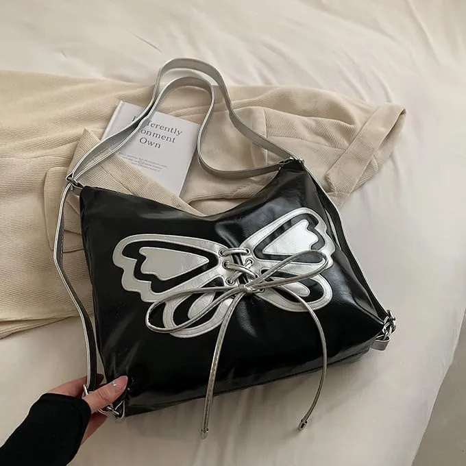 Kawaii Y2K Shoulder Bag, Women Cute Chic Design Butterfly Harajuku Crossbody Shoulder Bag Tote Bag Top Handle Bags (black)