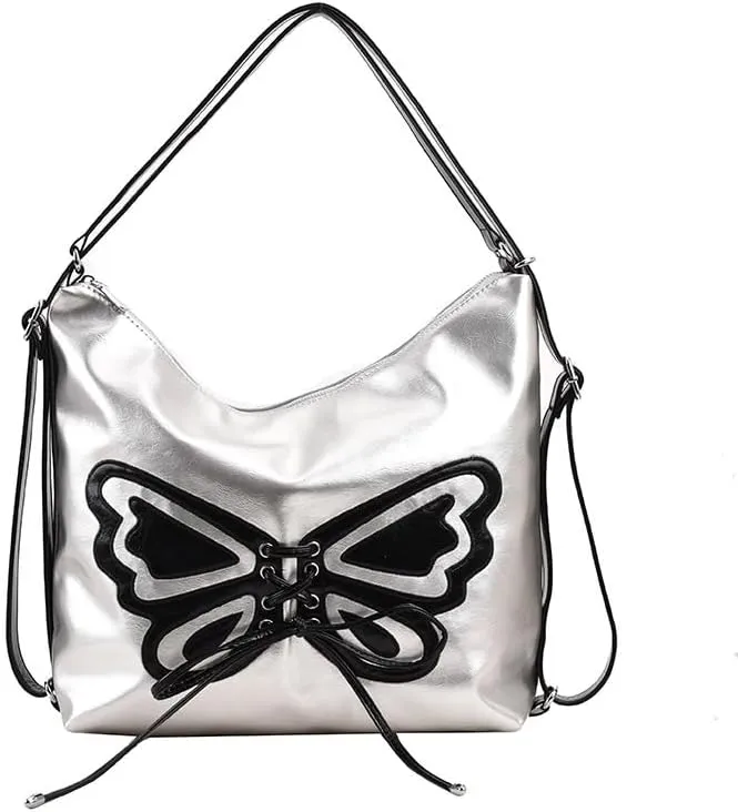 Kawaii Y2K Shoulder Bag, Women Cute Chic Design Butterfly Harajuku Crossbody Shoulder Bag Tote Bag Top Handle Bags (Silver black)