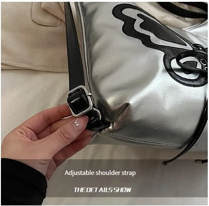 Kawaii Y2K Shoulder Bag, Women Cute Chic Design Butterfly Harajuku Crossbody Shoulder Bag Tote Bag Top Handle Bags (Silver black)