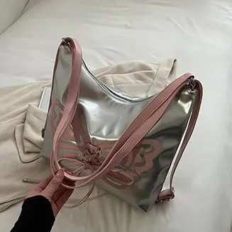 Kawaii Y2K Shoulder Bag, Women Cute Chic Design Butterfly Harajuku Crossbody Shoulder Bag Tote Bag Top Handle Bags (Silver pink)