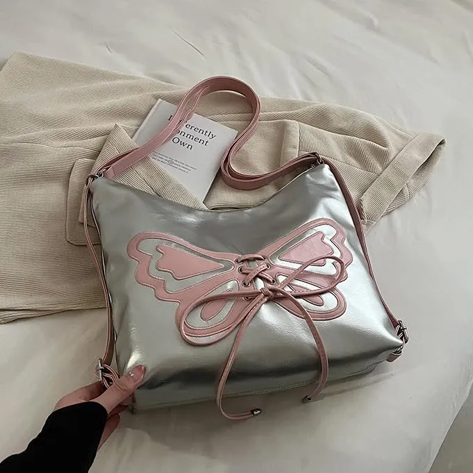 Kawaii Y2K Shoulder Bag, Women Cute Chic Design Butterfly Harajuku Crossbody Shoulder Bag Tote Bag Top Handle Bags (Silver pink)