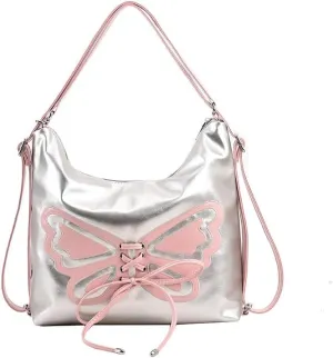 Kawaii Y2K Shoulder Bag, Women Cute Chic Design Butterfly Harajuku Crossbody Shoulder Bag Tote Bag Top Handle Bags (Silver pink)