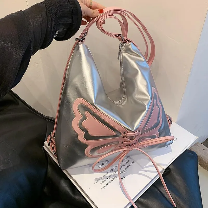 Kawaii Y2K Shoulder Bag, Women Cute Chic Design Butterfly Harajuku Crossbody Shoulder Bag Tote Bag Top Handle Bags (Silver pink)