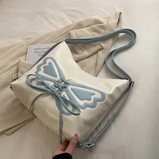 Kawaii Y2K Shoulder Bag, Women Cute Chic Design Butterfly Harajuku Crossbody Shoulder Bag Tote Bag Top Handle Bags (white)