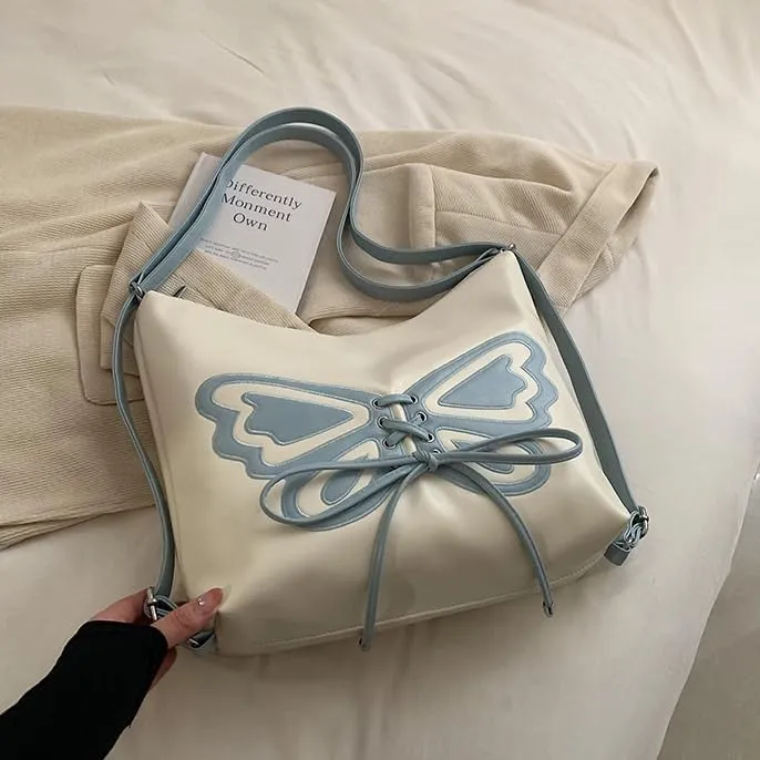 Kawaii Y2K Shoulder Bag, Women Cute Chic Design Butterfly Harajuku Crossbody Shoulder Bag Tote Bag Top Handle Bags (white)
