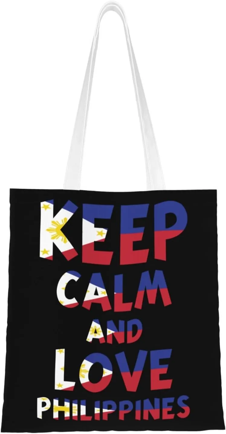 Keep Calm And Love Philippines Tote Bag for Women Canvas Shopping Bags Reusable Large Capacity Casual Shoulder Handbags Grocery Bags DIY Gift Bags