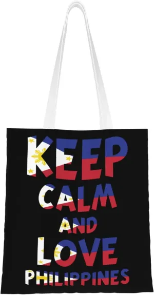 Keep Calm And Love Philippines Tote Bag for Women Canvas Shopping Bags Reusable Large Capacity Casual Shoulder Handbags Grocery Bags DIY Gift Bags