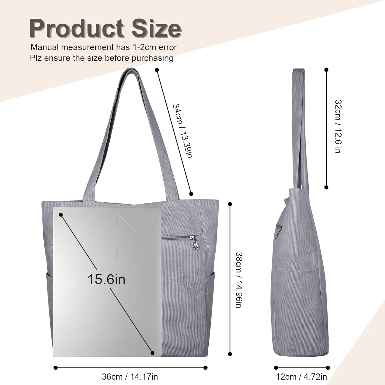Kememo Corduroy Tote Bag for Women with Zipper, Large Shoulder Bag Handbag for Work School Shopping Travel Gym Vacation