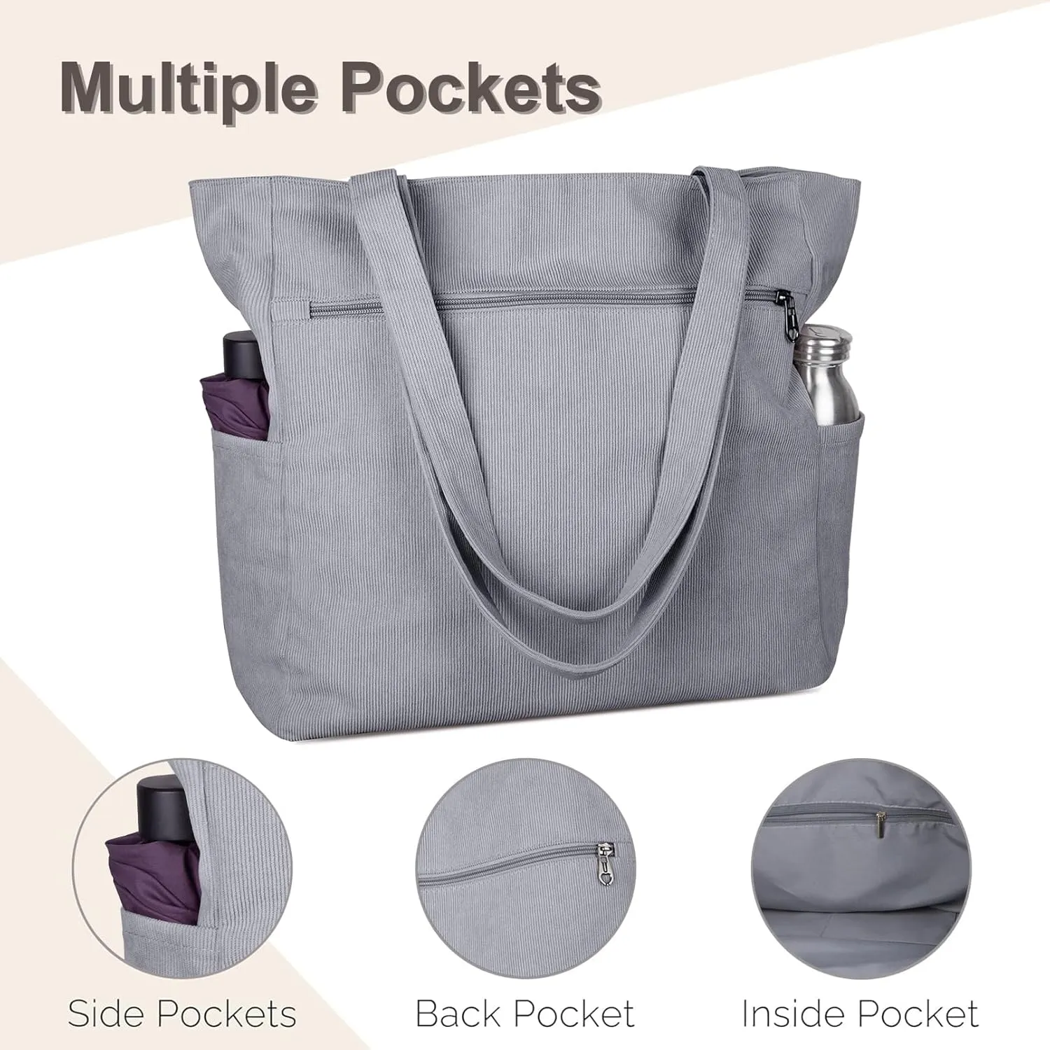 Kememo Corduroy Tote Bag for Women with Zipper, Large Shoulder Bag Handbag for Work School Shopping Travel Gym Vacation