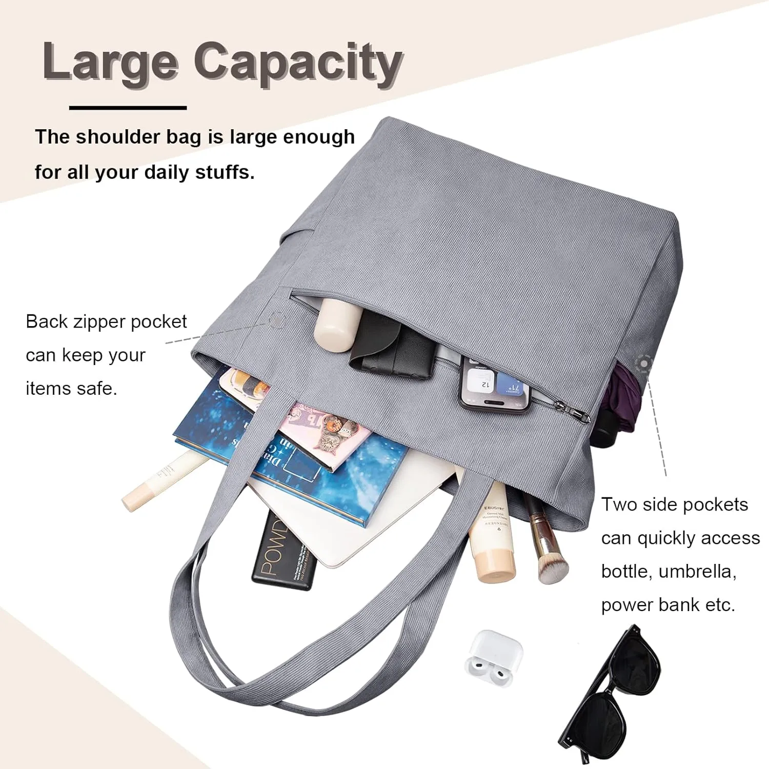 Kememo Corduroy Tote Bag for Women with Zipper, Large Shoulder Bag Handbag for Work School Shopping Travel Gym Vacation