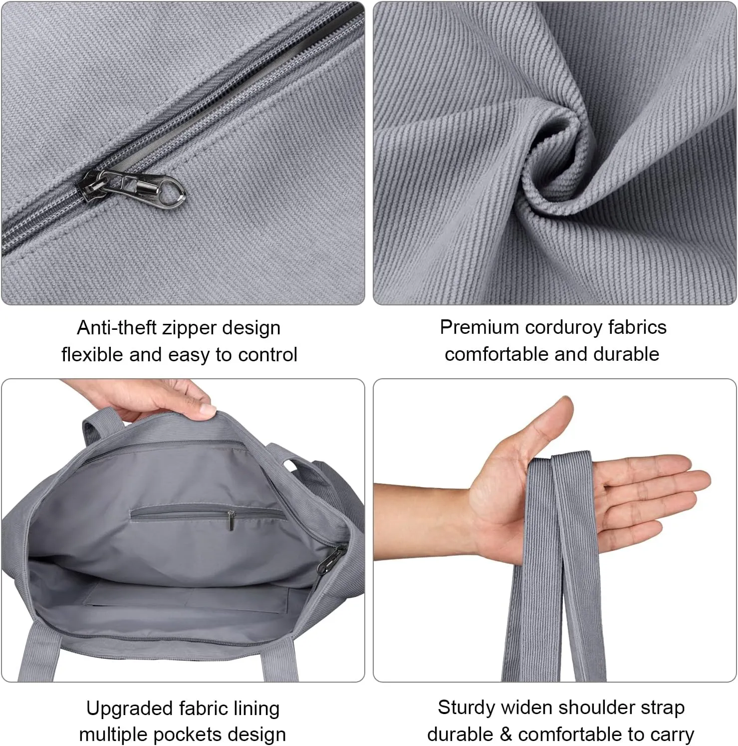 Kememo Corduroy Tote Bag for Women with Zipper, Large Shoulder Bag Handbag for Work School Shopping Travel Gym Vacation