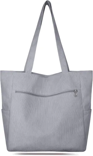 Kememo Corduroy Tote Bag for Women with Zipper, Large Shoulder Bag Handbag for Work School Shopping Travel Gym Vacation
