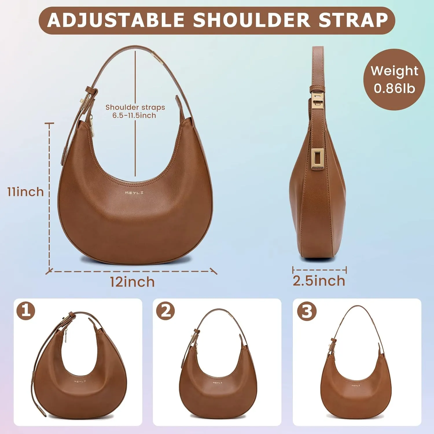 Keyli Shoulder Bag Stylish Casual Clutch Purses for Women 3 Ways Adjust Strap Hobo Handbags with Zip Closure