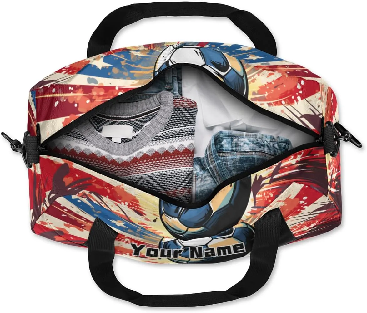 Kids Duffel Overnight Bag Boys American Flag Football Print,Ball Waterproof Gym Sports Duffle Bag Teen Personalized Travel Gymnastic Weekender Bag Custom Carry on Tote Bag for Boys