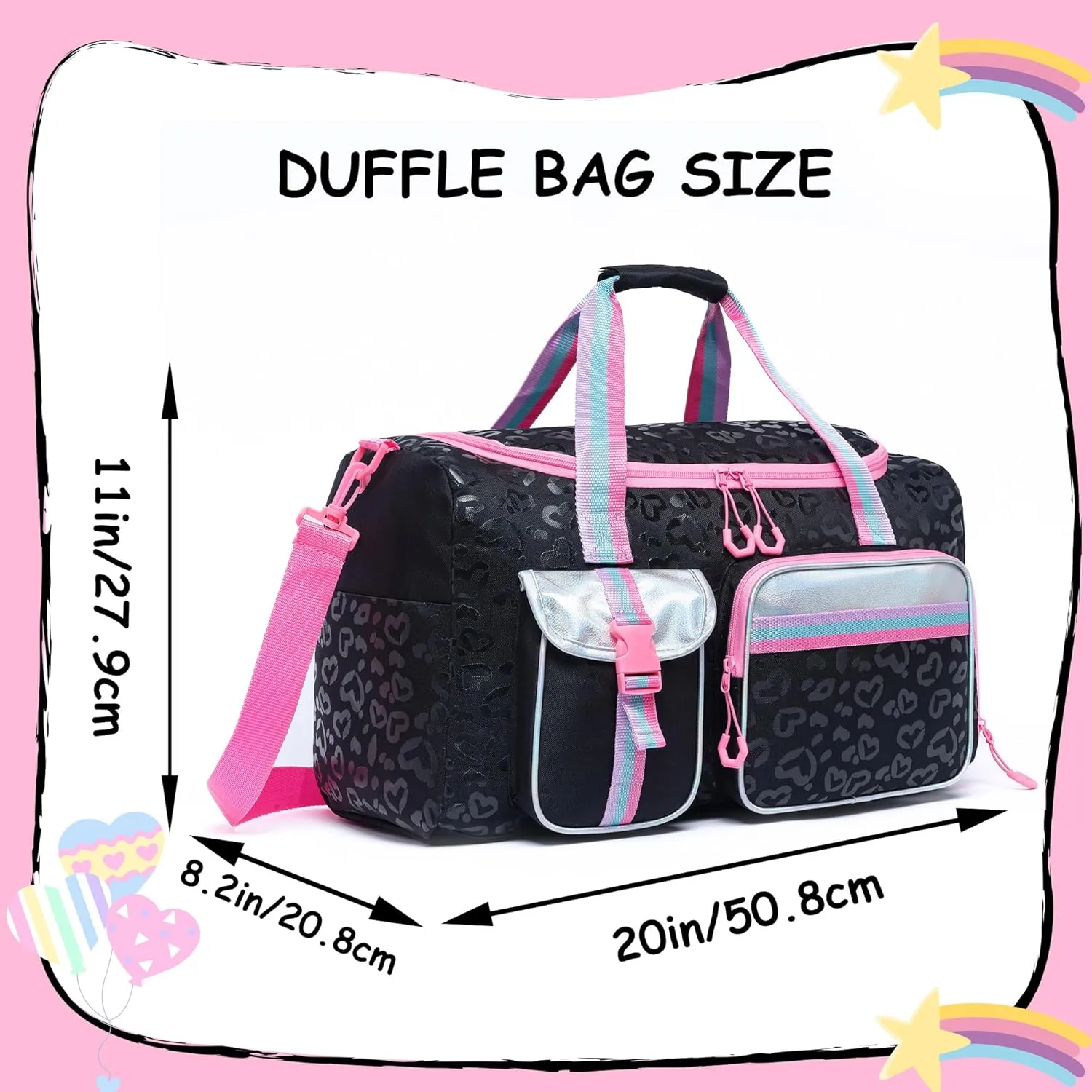 Kids Duffle Bag Girls Women Travel Bag Gifts Overnight Bag for Girls Women Tote Bag Sleepover Bag for Girls Gym Dance Bag with Shoes Compartment, Love Black