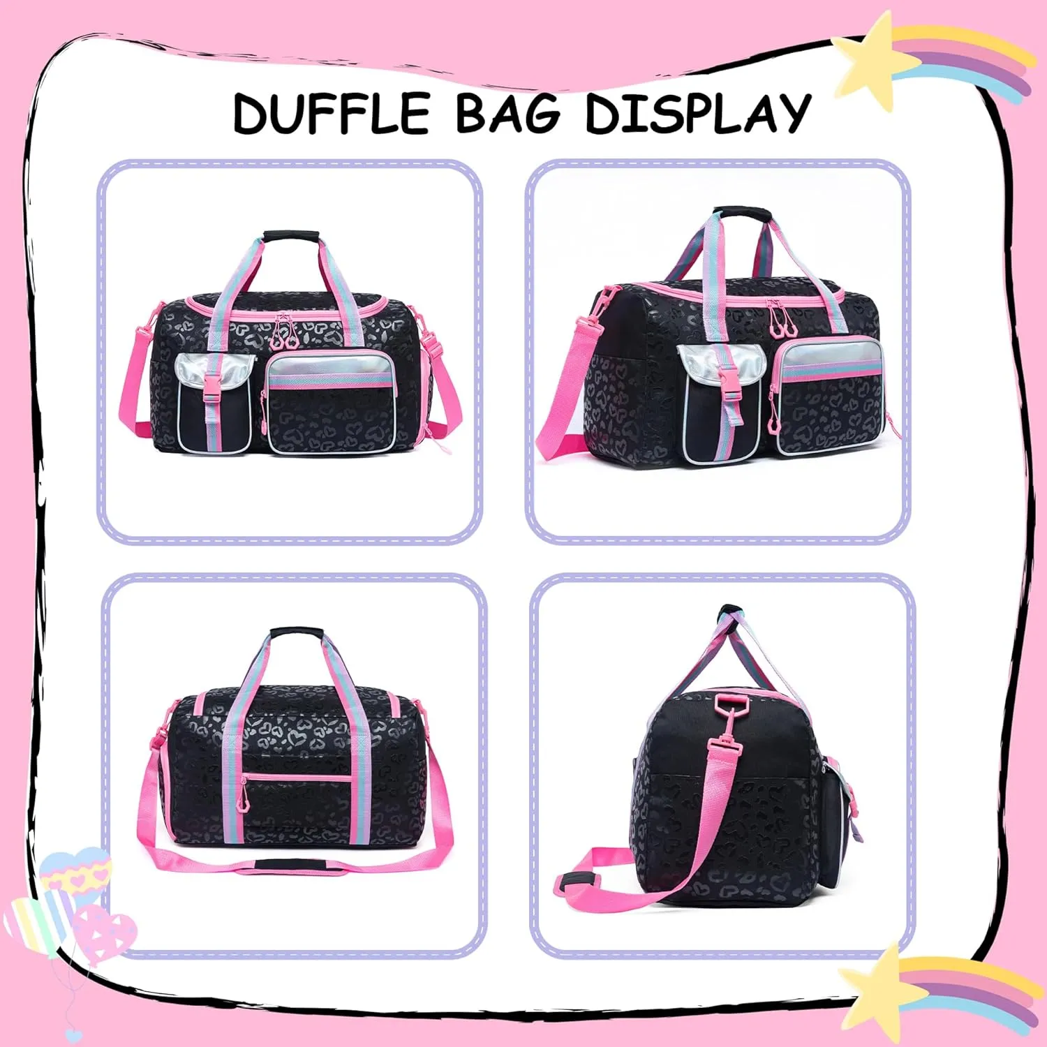 Kids Duffle Bag Girls Women Travel Bag Gifts Overnight Bag for Girls Women Tote Bag Sleepover Bag for Girls Gym Dance Bag with Shoes Compartment, Love Black