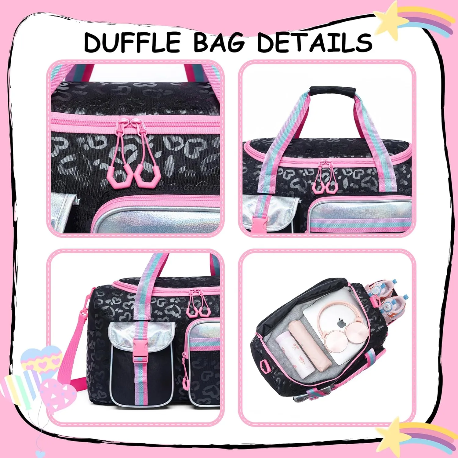 Kids Duffle Bag Girls Women Travel Bag Gifts Overnight Bag for Girls Women Tote Bag Sleepover Bag for Girls Gym Dance Bag with Shoes Compartment, Love Black