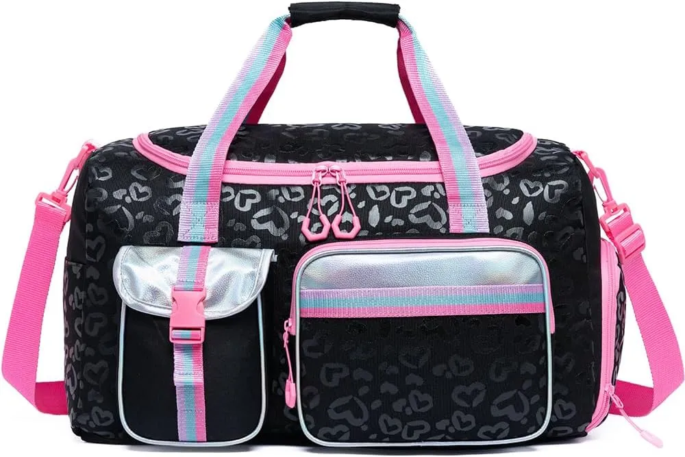 Kids Duffle Bag Girls Women Travel Bag Gifts Overnight Bag for Girls Women Tote Bag Sleepover Bag for Girls Gym Dance Bag with Shoes Compartment, Love Black