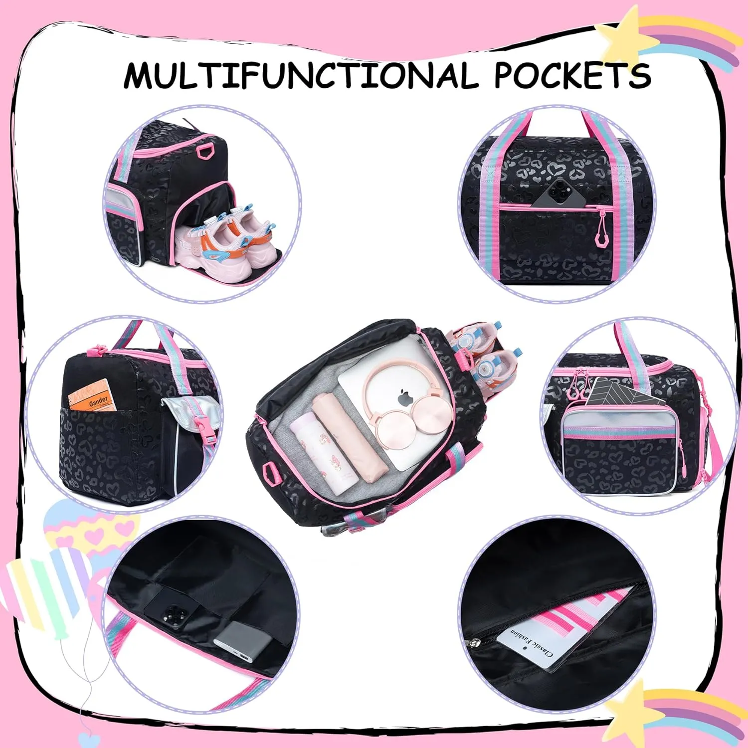Kids Duffle Bag Girls Women Travel Bag Gifts Overnight Bag for Girls Women Tote Bag Sleepover Bag for Girls Gym Dance Bag with Shoes Compartment, Love Black