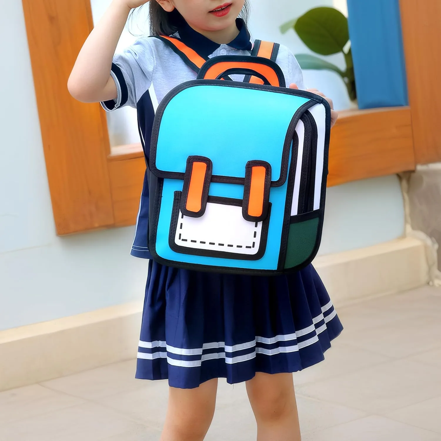 Kids Kawaii Backpack for Boys Girls Cute Toddler 2D Cartoon Comic Paper Jump Bookbag Fun Weird School Schoolbag (Blue, Small)