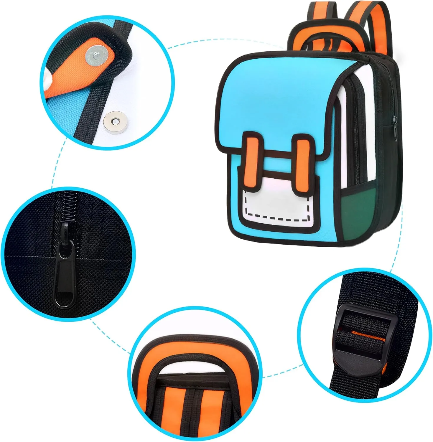 Kids Kawaii Backpack for Boys Girls Cute Toddler 2D Cartoon Comic Paper Jump Bookbag Fun Weird School Schoolbag (Blue, Small)
