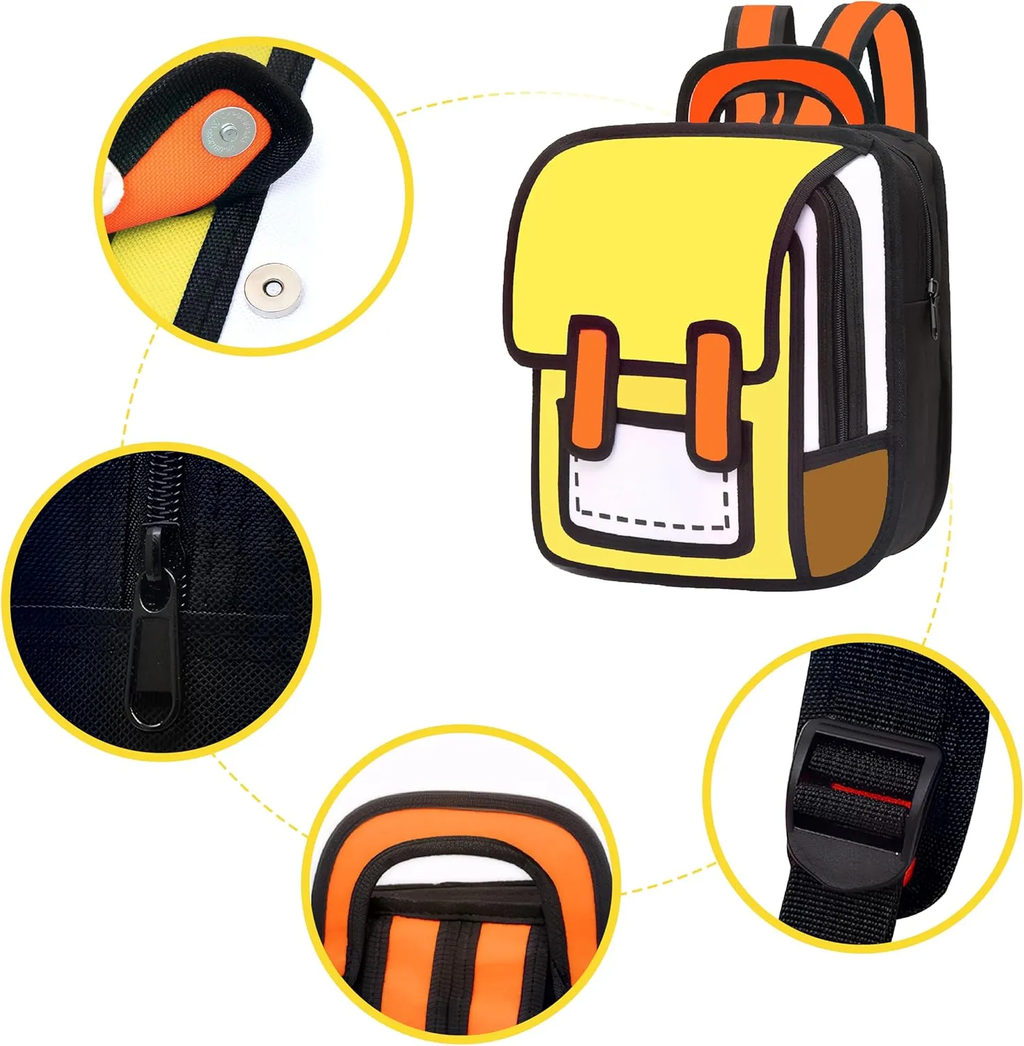 Kids Kawaii Backpack for Boys Girls Cute Toddler 2D Cartoon Comic Paper Jump Bookbag Fun Weird School Schoolbag (Yellow, Small)