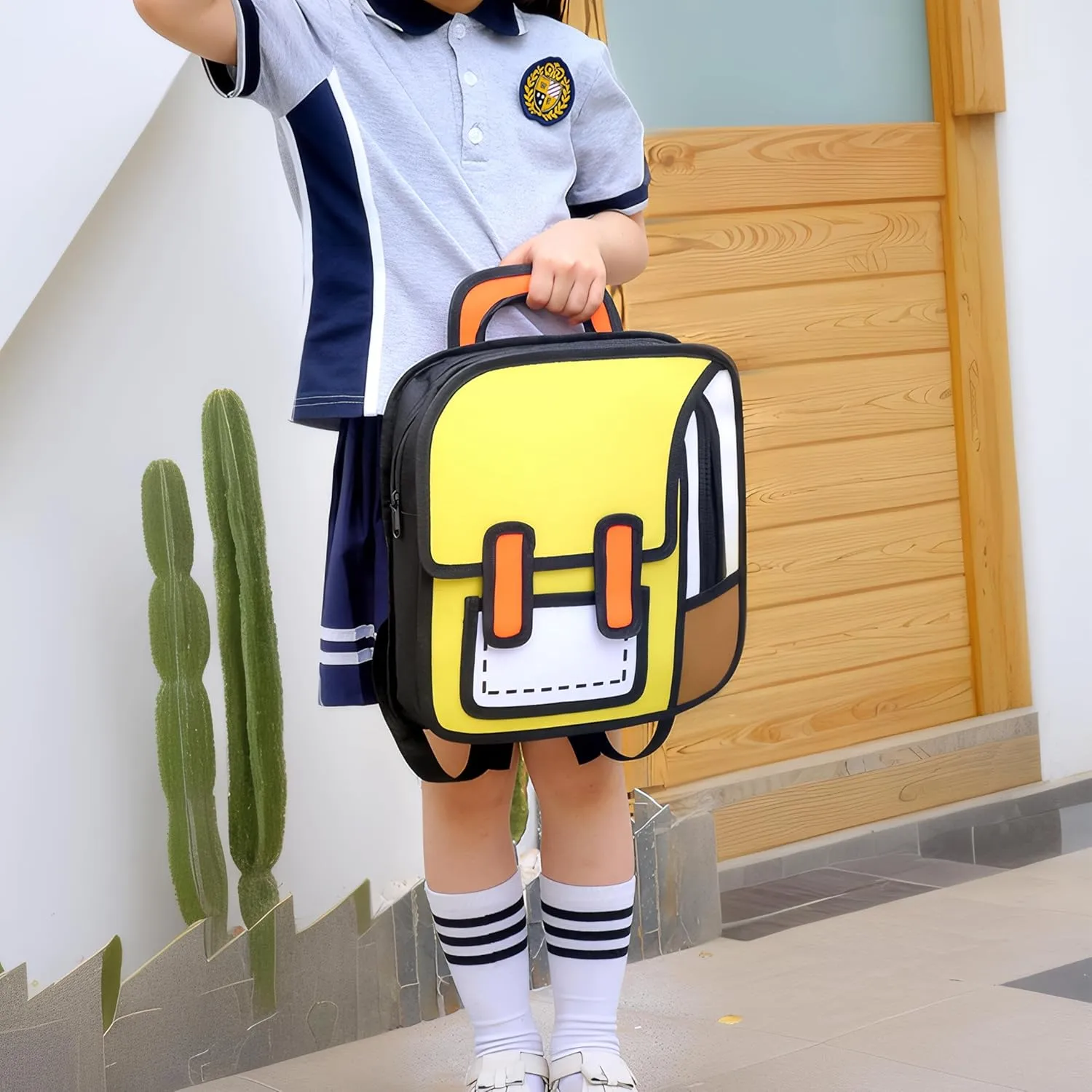 Kids Kawaii Backpack for Boys Girls Cute Toddler 2D Cartoon Comic Paper Jump Bookbag Fun Weird School Schoolbag (Yellow, Small)