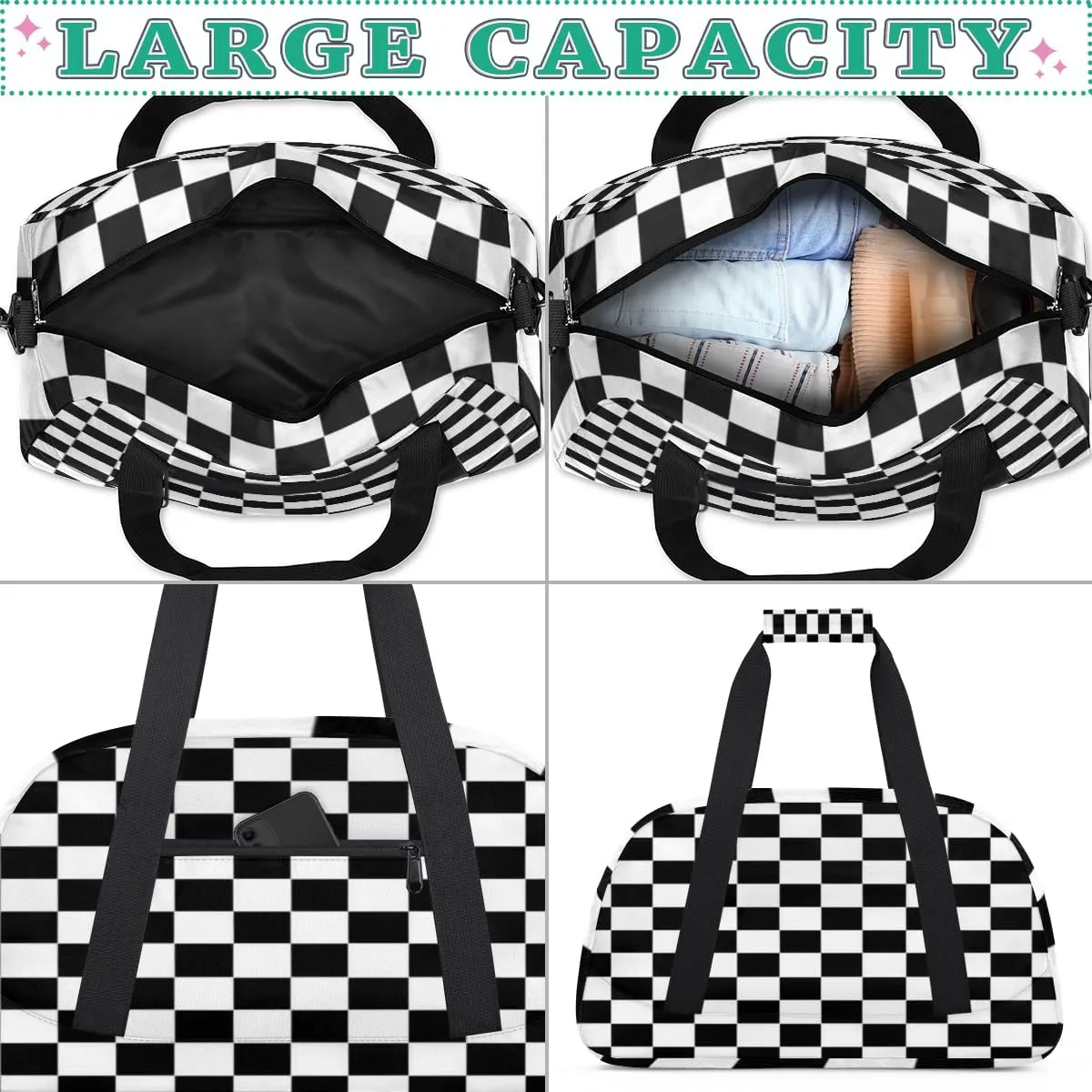 Kids Overnight Duffel Bags Checkered Black Travel Sports Gym Bags for Boy Waterproof Weekender Sleepover Bag Portable Carry on Tote Bag
