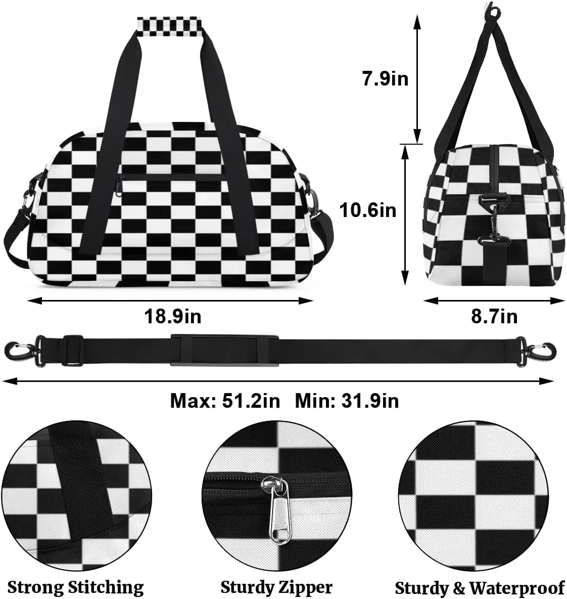Kids Overnight Duffel Bags Checkered Black Travel Sports Gym Bags for Boy Waterproof Weekender Sleepover Bag Portable Carry on Tote Bag