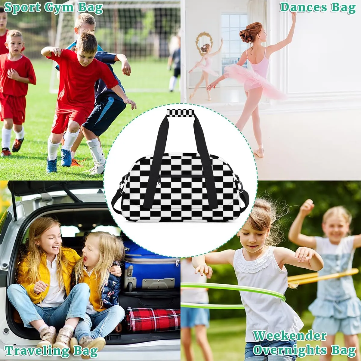 Kids Overnight Duffel Bags Checkered Black Travel Sports Gym Bags for Boy Waterproof Weekender Sleepover Bag Portable Carry on Tote Bag