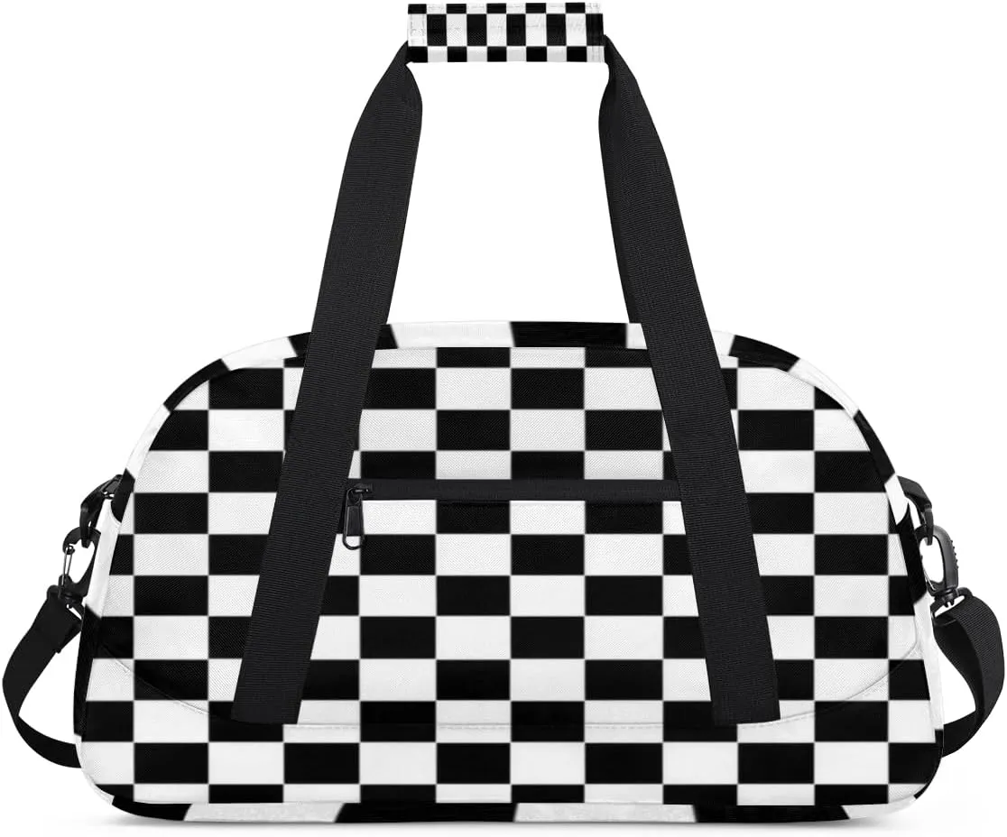 Kids Overnight Duffel Bags Checkered Black Travel Sports Gym Bags for Boy Waterproof Weekender Sleepover Bag Portable Carry on Tote Bag