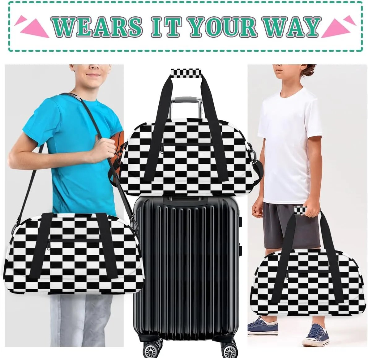 Kids Overnight Duffel Bags Checkered Black Travel Sports Gym Bags for Boy Waterproof Weekender Sleepover Bag Portable Carry on Tote Bag