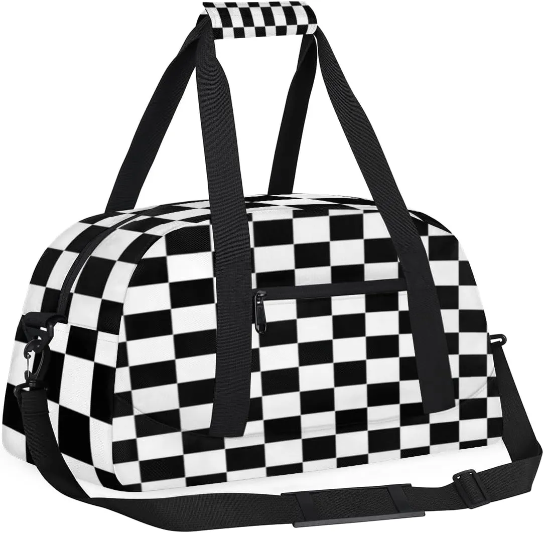 Kids Overnight Duffel Bags Checkered Black Travel Sports Gym Bags for Boy Waterproof Weekender Sleepover Bag Portable Carry on Tote Bag