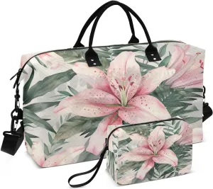 Kigai Beautiful Lily Flowers Foldable Travel Duffel Bags,Sports Duffel Bags for Men Women,Weekender Overnight Bag Gym Tote Bag with Toiletry Bag