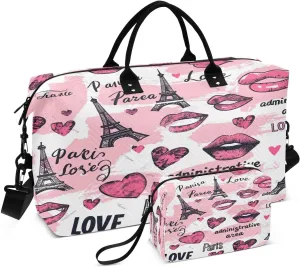 Kigai Romantic Cartoon Paris Tower Travel Duffel Bags 2PCS,Sports Duffel Bags for Men Women,Weekender Overnight Bag Gym Tote Bag with Toiletry Bag